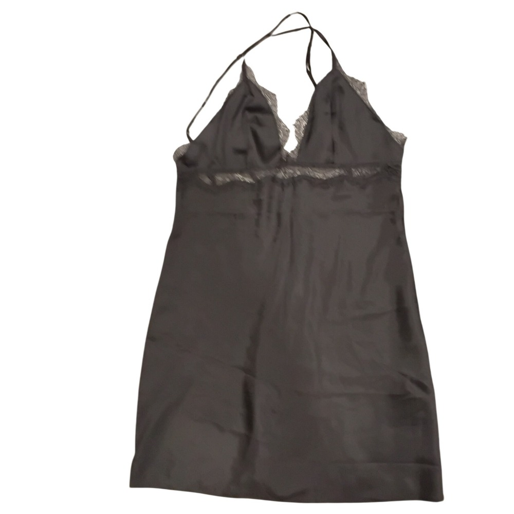 Victoria's Secret Black Satin Lace Trim Halter Slip Dress Nightgown Small